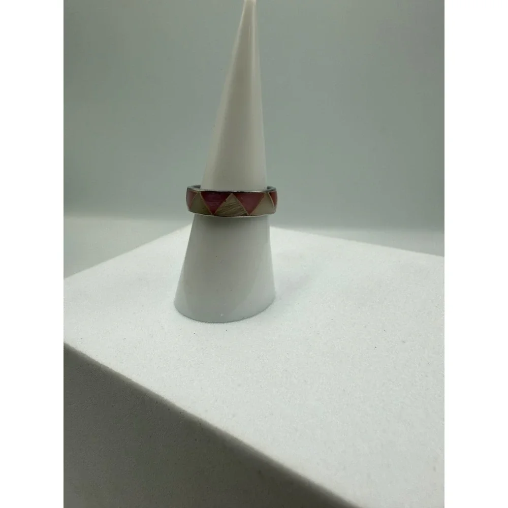 Silver Tone Geometric Inlay Band Ring Pink Cream Triangle Mosaic Size 7